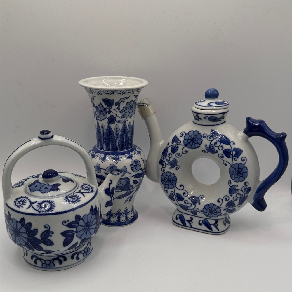 Blue and White Ceramic Vase and Teapot Set